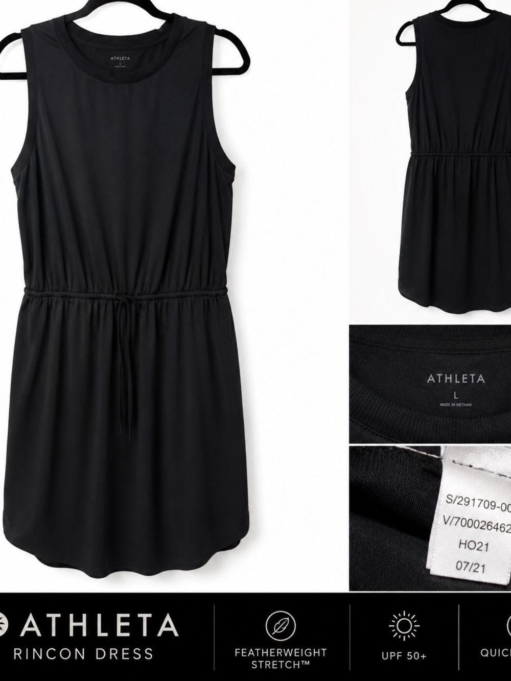 Athleta Rincon Dress Black Sleeveless Drawstring Waist Travel Dress Size large